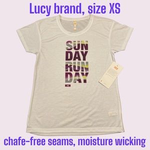 XS Lucy Sun Day Run Day T-shirt wicking, short sleeved, no chafe, white lightwt